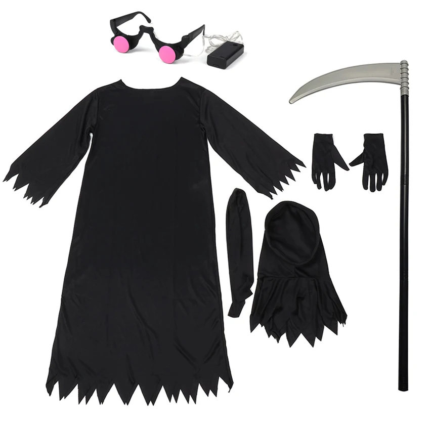 Grim Reaper Terreur Gothic Led Brillen Middeleeuwse Cosplay Anime Maskerade Halloween Kostuum Voor Kinderen Carnaval Jurk Scythe Prop