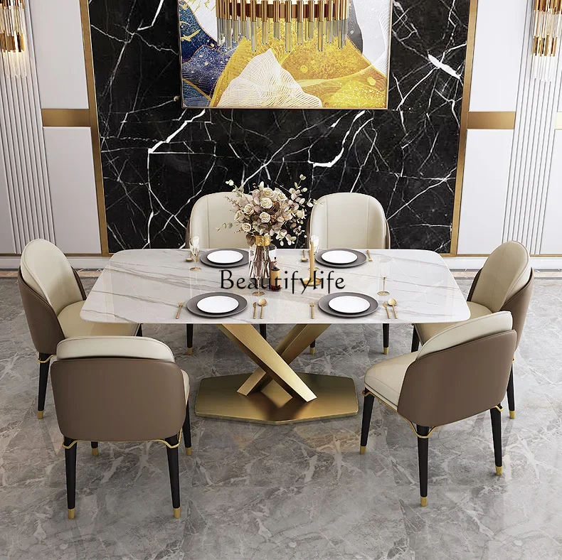 

Light luxury dining table Italian style household small apartment rectangular living room modern simple rock slab dining table