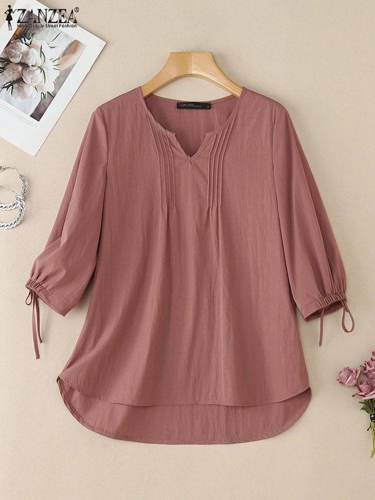 ZANZEA Frauen Bluse 2025, Herbst 3/4 Ärmel Solide Shirts Casual V-ausschnitt Plissee Blusas Sommer Weibliche Arbeit OL Tops Tunika Oversize