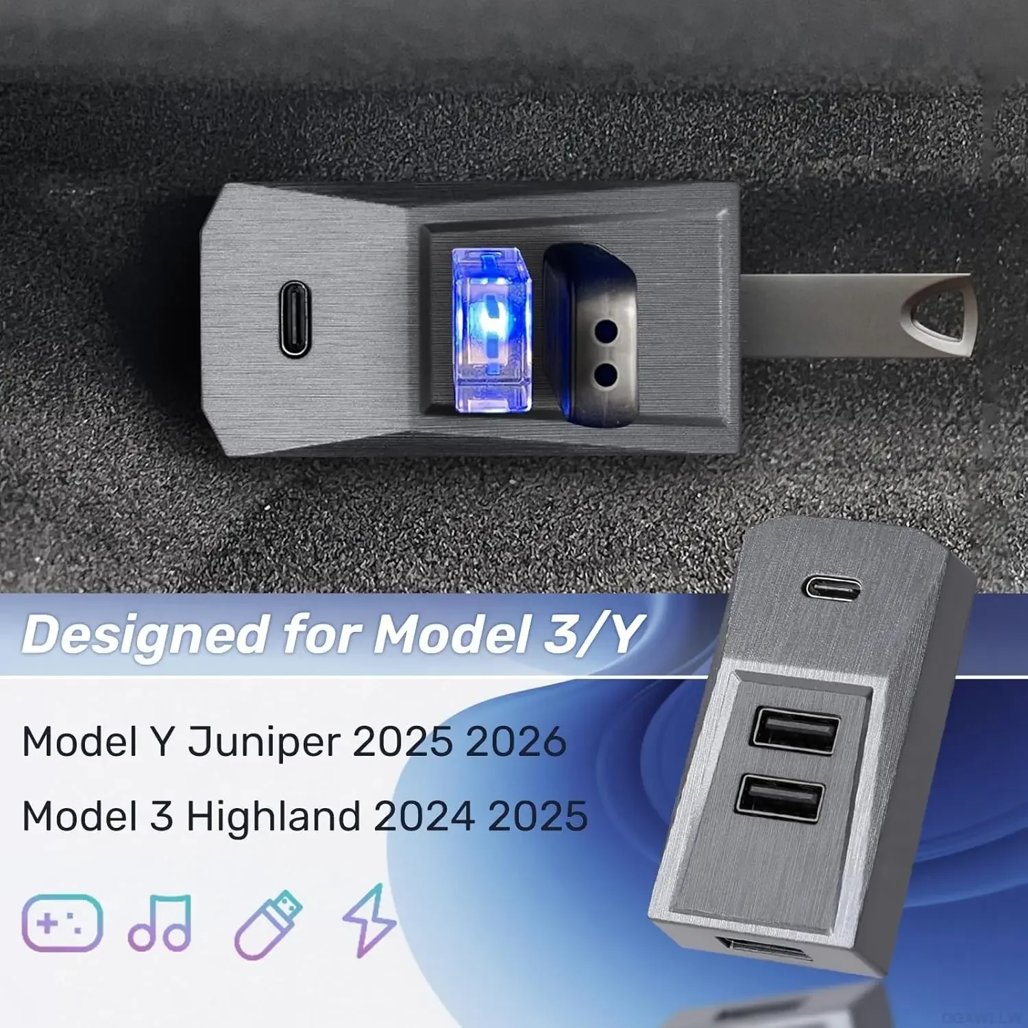 Luxuriöser 4-in-1 Handschuhfach-USB-Hub für Tesla Model YL Y Juniper 2025-2026 und Launch Model 3 Highland 2024-2026 – Detail 2