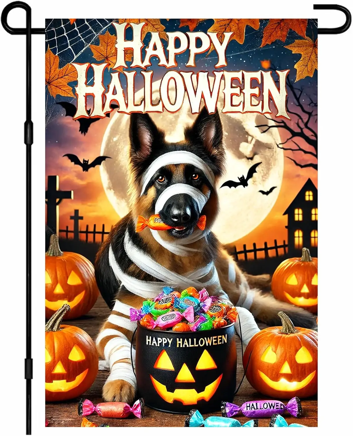Happy Halloween Garden Flag 12x18 Inch German Shepherd Mummy Trick or Treat Candy Pumpkin Flag Spooky Skull Flag Outdoor Yar YYN