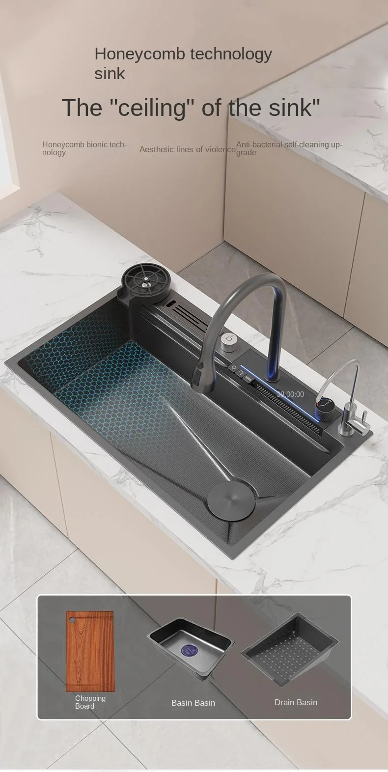 Fregadero de cocina grande de acero inoxidable 304 con ranura única, pantalla Digital Nano de panal, cascada con soporte para cuchillos, 75cm x 46cm