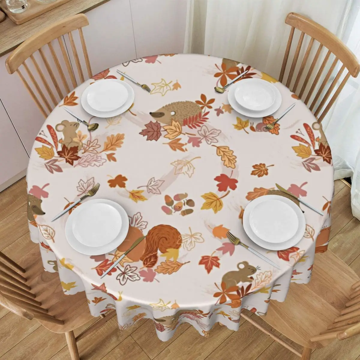 Customized Fall Squirrel Maple Leaf Round Tablecloths 60 Inches Table Covers for Kitchen Table Cloth