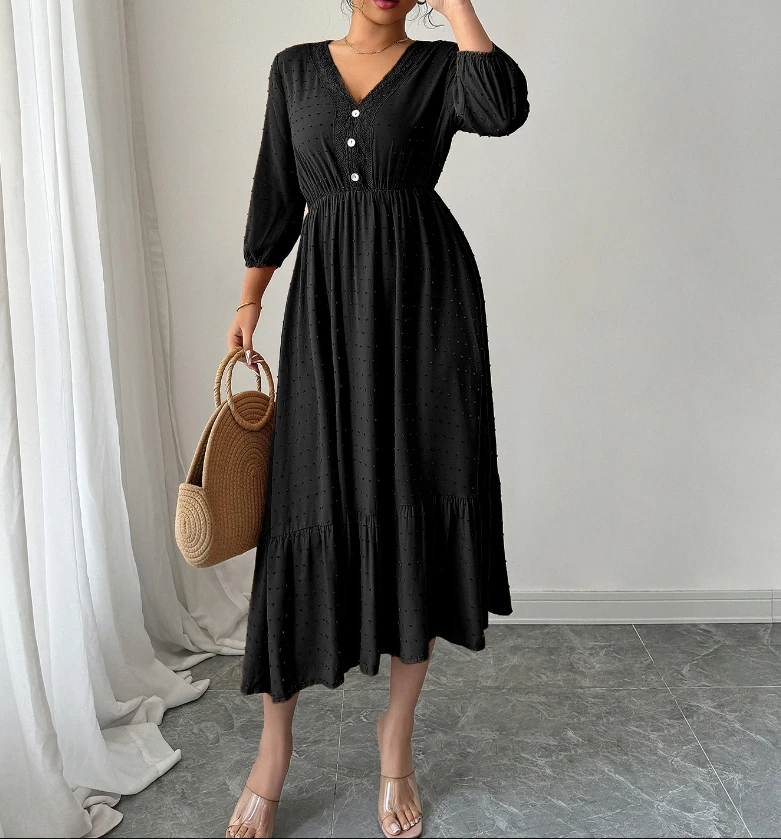 

Simple and fashionable lace patchwork dress, summer solid color V-neck button lace patchwork receiving waist A-line long sleeved