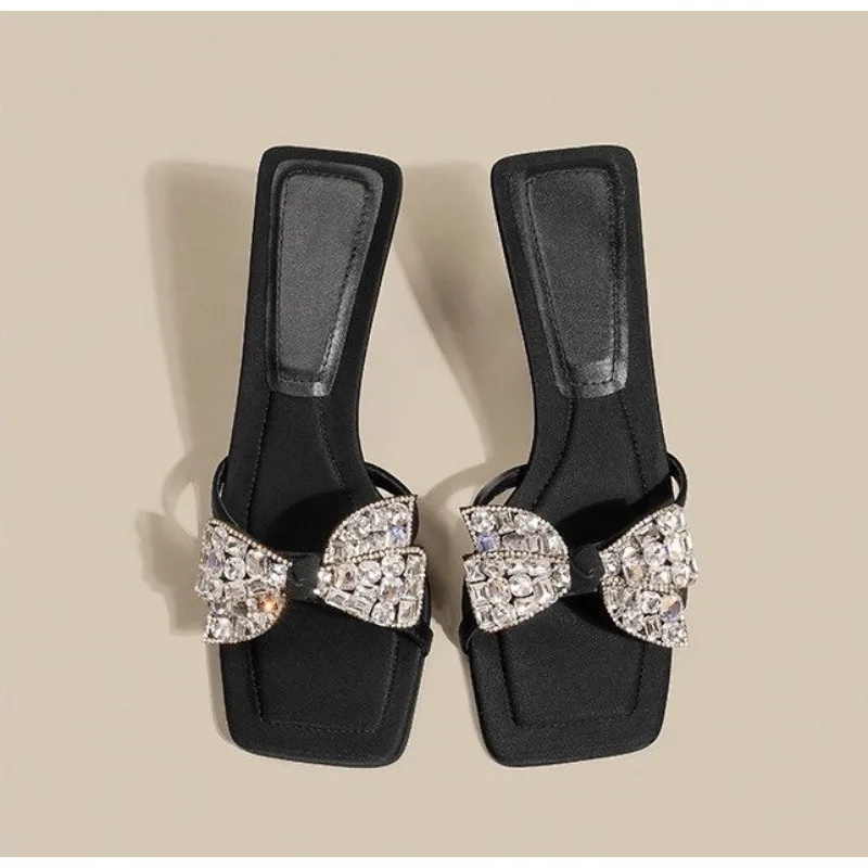 

Summer New Stiletto Sandals Square Head Open Toe Sequin Butterfly Knot Thin Strap Anti-slip High-heeled Slippers Women，34-39
