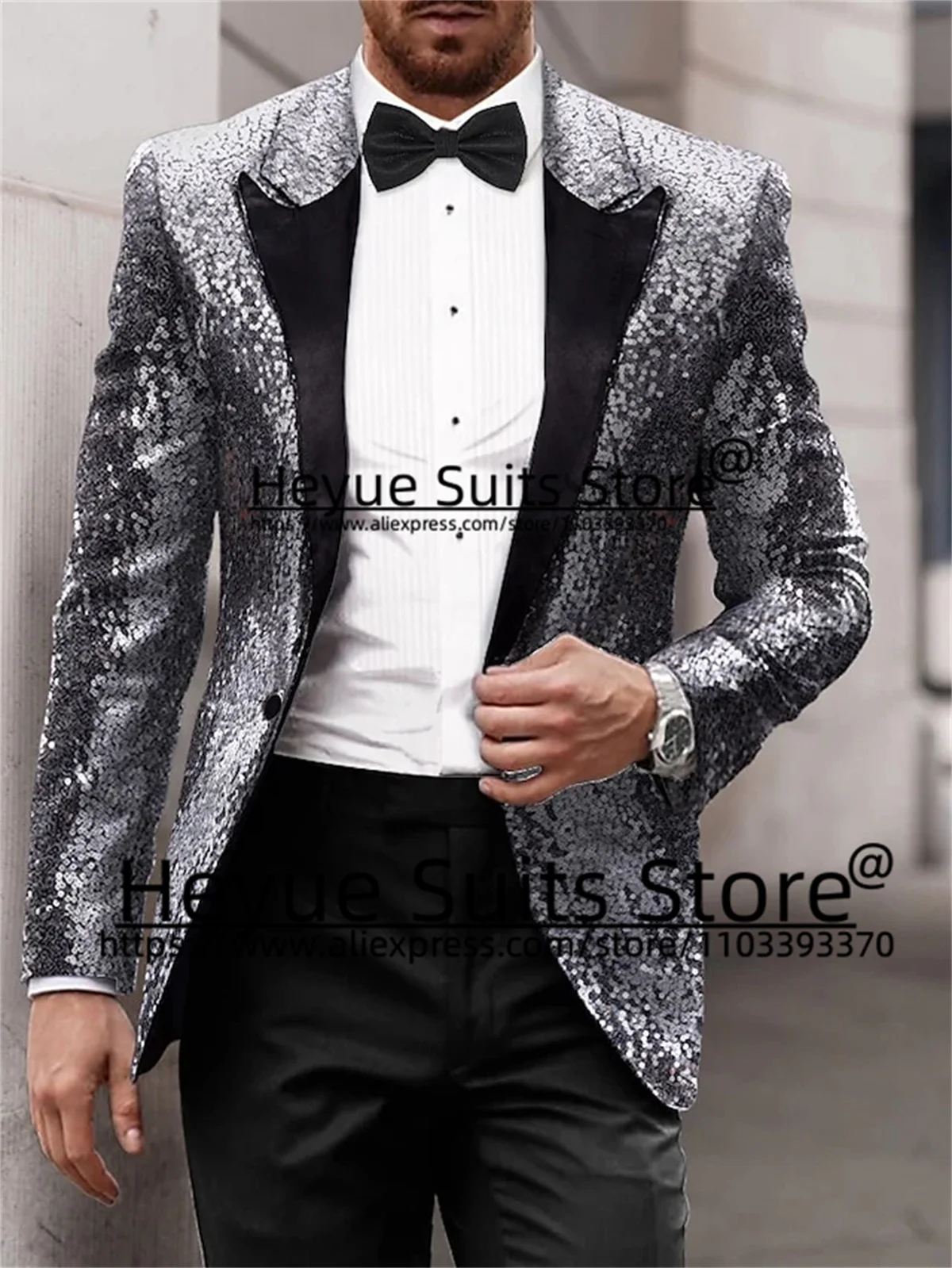 Setelan jas pria, hitam berkilau payet Prom pria setelan ramping pas kerah puncak pengantin pria Formal pesta Set 2 potong Luxuly pria blazer kostum Homme