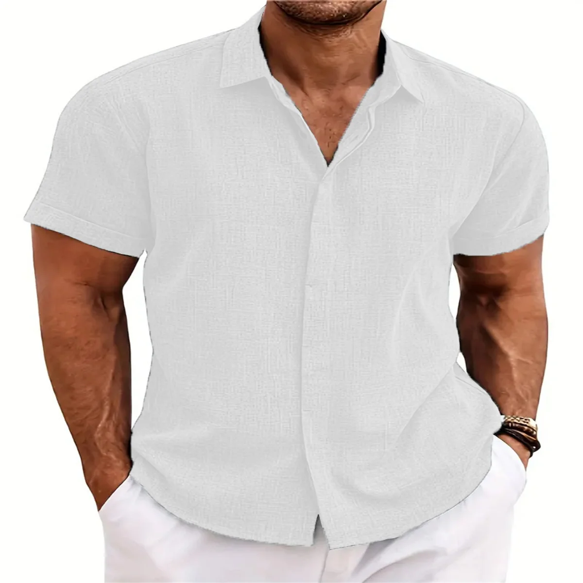 Men\'s Business Shirt Short Sleeve Hidden Buttons Summer Solid Color Linen Fashion High-Quality Slim-Fit Cardigan