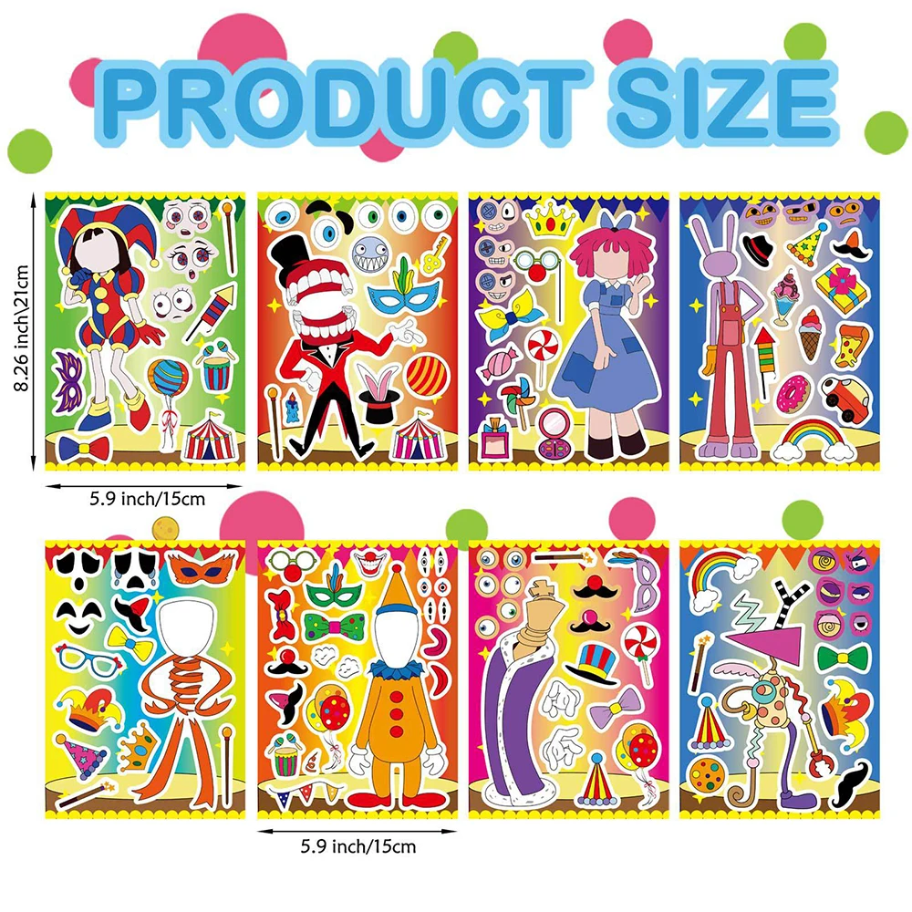 8/16Sheets Children DIY Circus Clown Puzzle Stickers Make a Face Cartoon Assemble Jigsaw Funny Kids DIY Toys Party Decoration