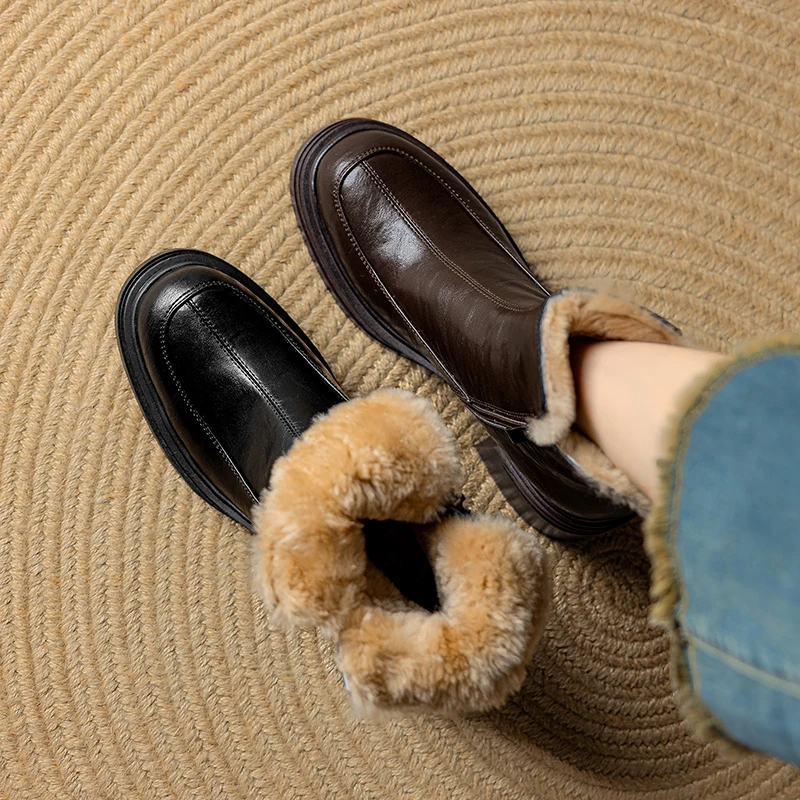 MORAZORA 2025 New Genuine Leather Snow Boots Zipper Round Toe Platform Ankle Boots Faux Wool Thick Fur Warm Winter Booties