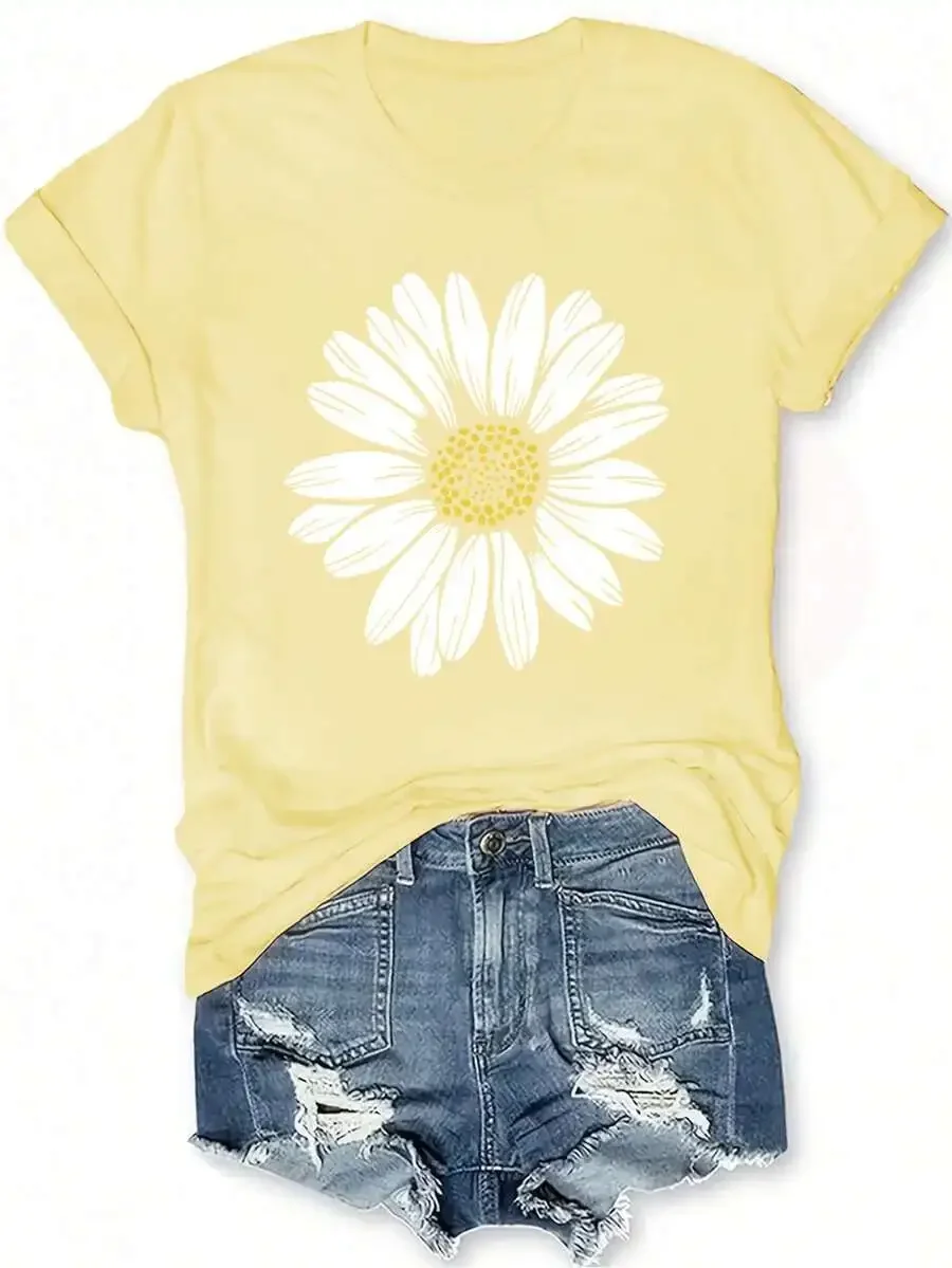 2026 New Arrival Unisex Retro Daisy Flower Graphic T-Shirt Women Summer Fitted Crew Neck Short Sleeve Comfort Cotton Casual Daily Outfit Basic Top T-Shirt