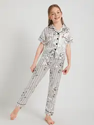 Girls Striped & Floral Print Satin Pajama Set with Collar