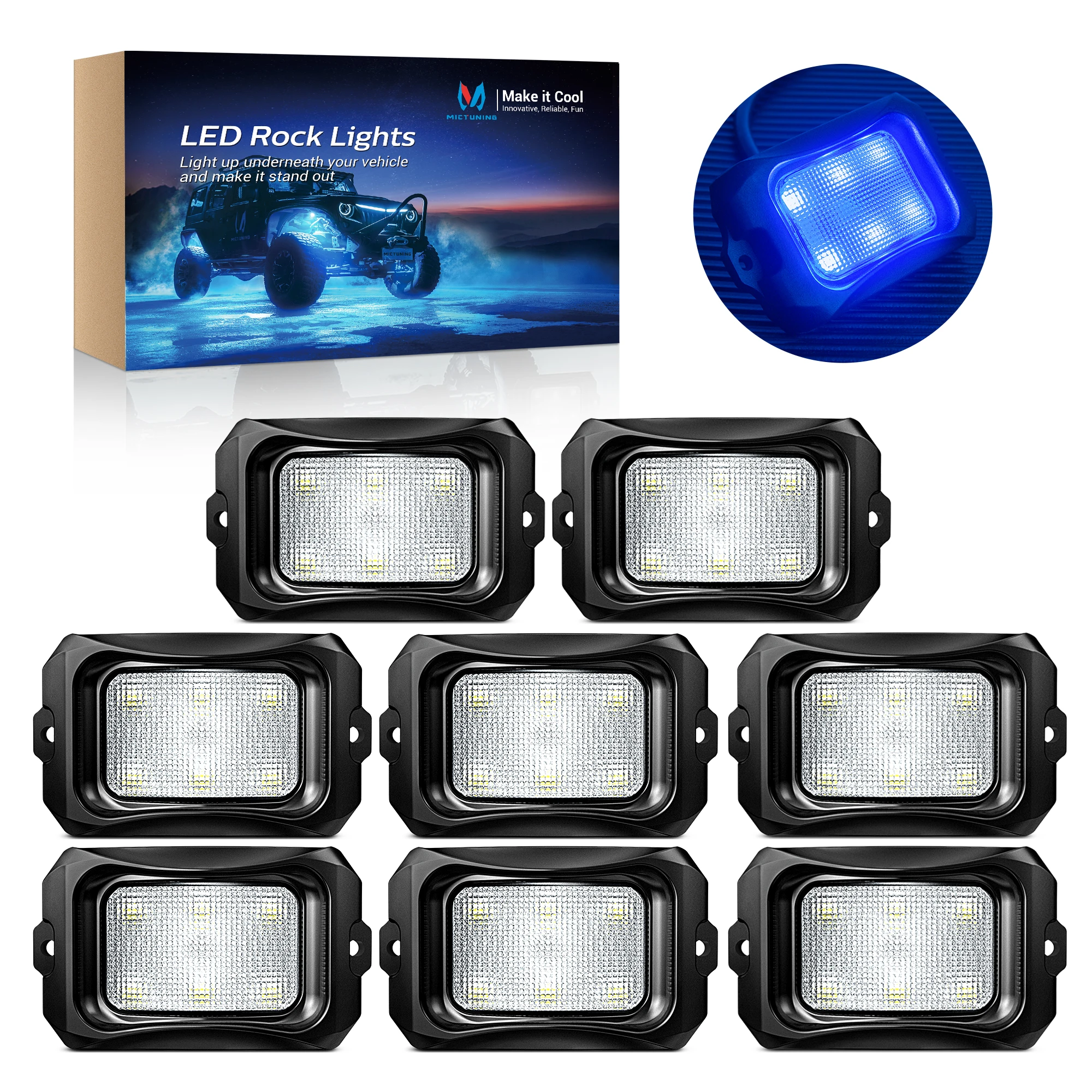 MICTUNING C2 Blue Rock Light 8 Pods, 8pcs Solid Color Rock Lights Neon Underglow Light Kits Waterproof Underbody Glow Lamp