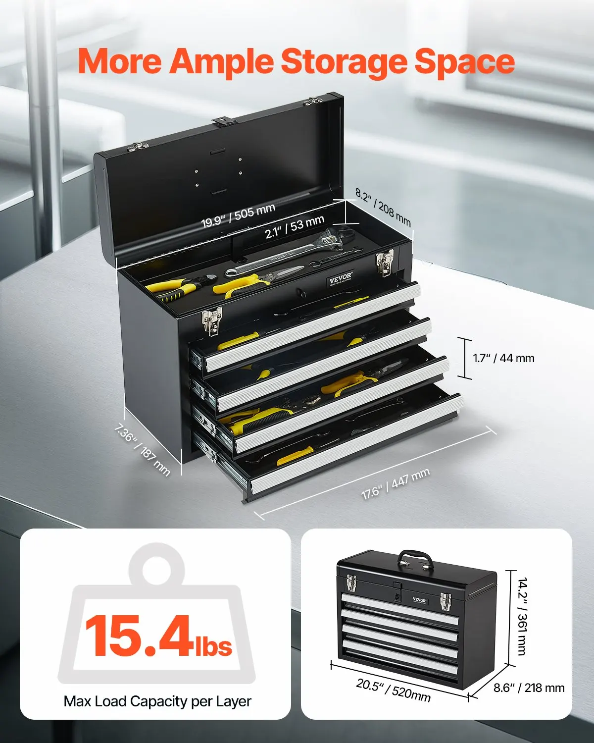 

Metal Tool Box, 20.5-inch, Portable Metal Tool Box With 4 Drawers, Small Tool Chest With EVA Liners, Ball Bearing Slide Drawers