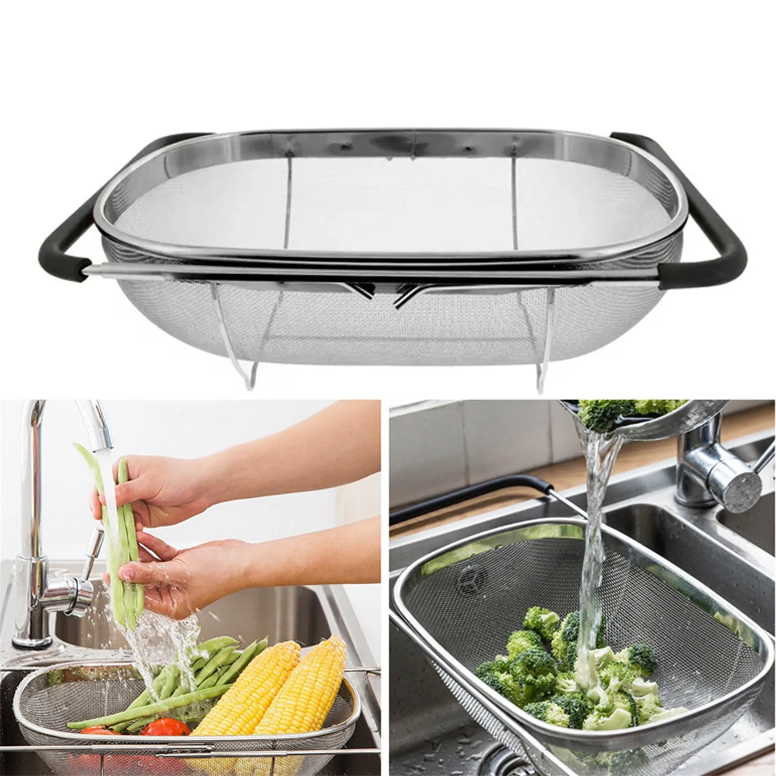 Multifunctional rice washing drain basket oval stainless steel vegetable washing filter retractable border drain net