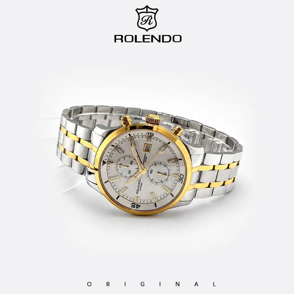 ROLENDO Two Tone Gold Steel Chronograph Sapphire Glass Waterproof Quartz Calendar Business Male Dress Wrist Watch reloj hombre