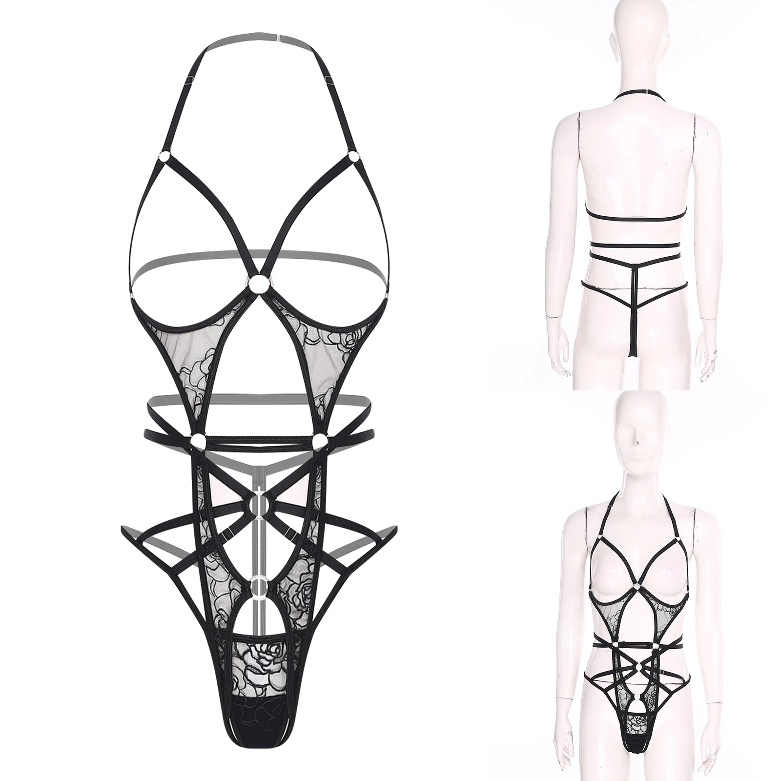 

Women Adults Alluring Lace Teddy Cutout Cup See Through Crotchless Bodysuit with Strappy T-back Thong Suit for Dating Nightwear