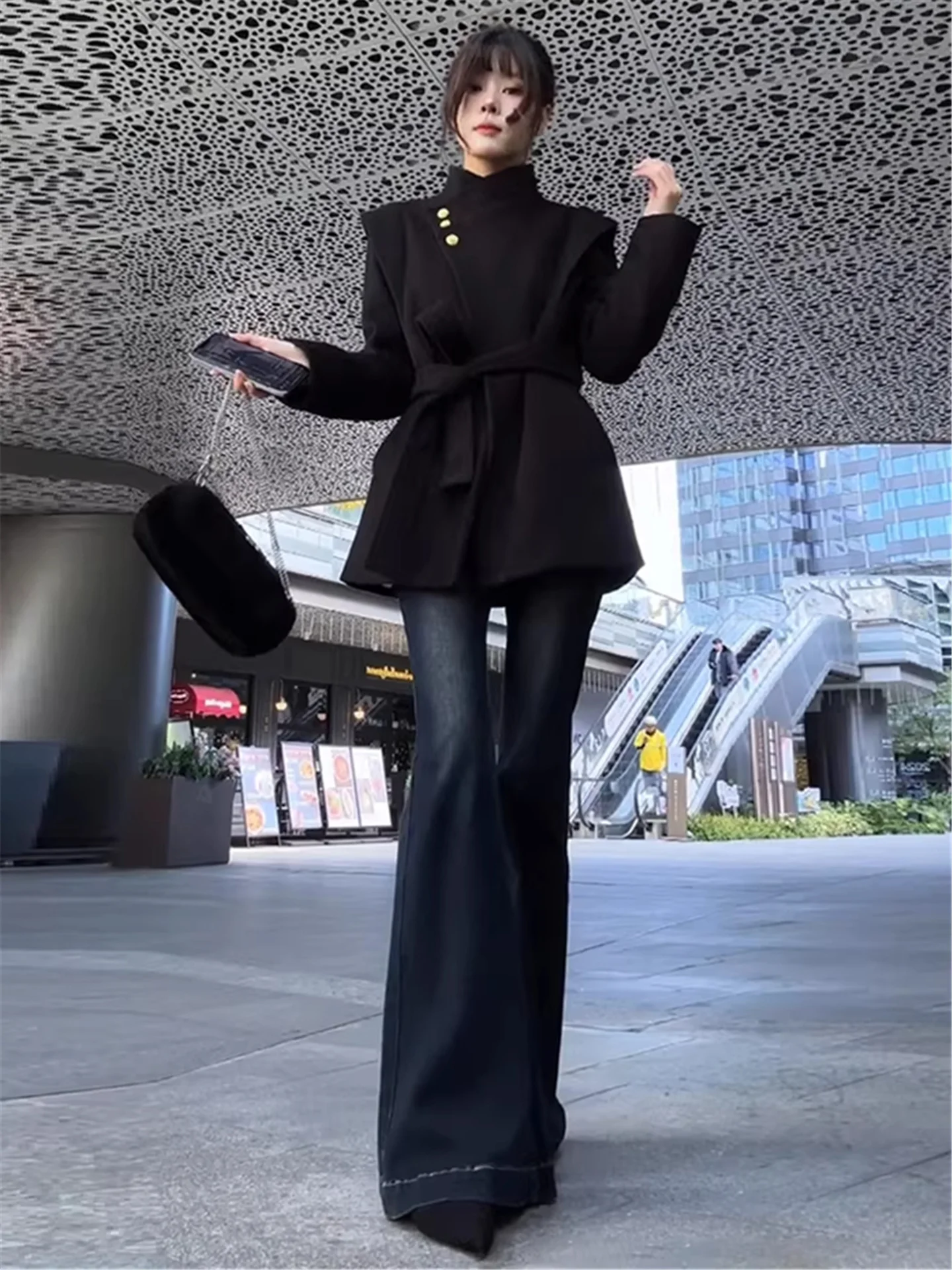 

Low Waist Bell Bottom Jeans Women's Slimming Extended Length Tall Size Deep Blue American Street Style Spring Season Denim