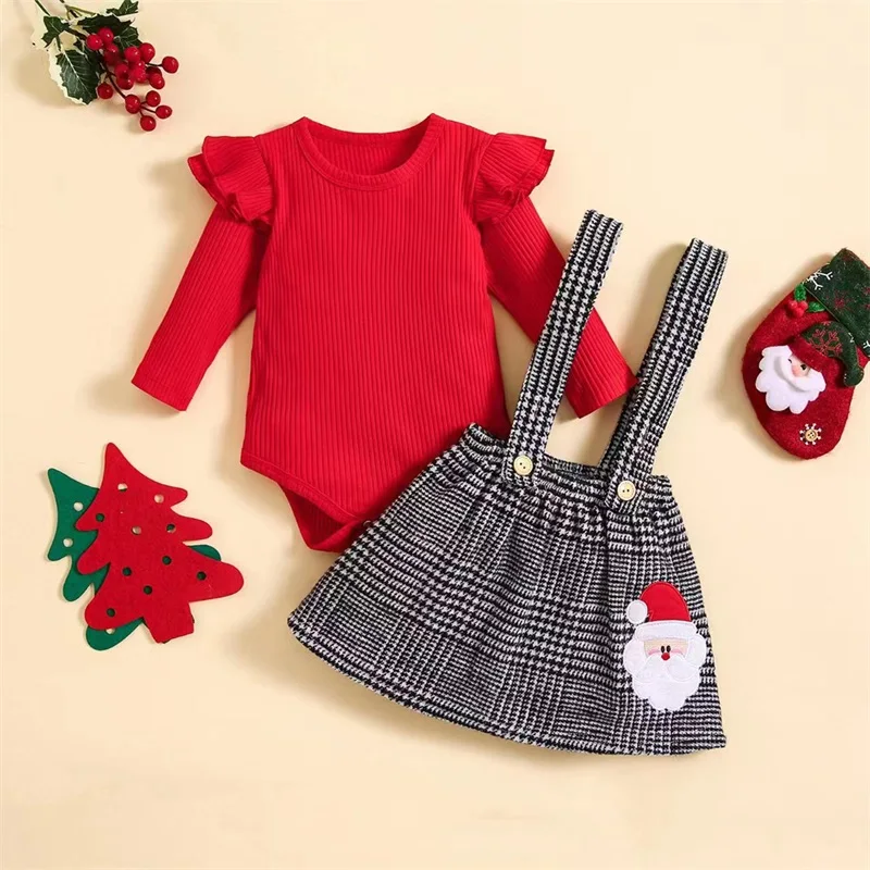 

Baby Girl Christmas Outfit 0 3 6 9 12 18Months Ruffle Romper Plaid Overall Skirt Dress Headband Clothes Set