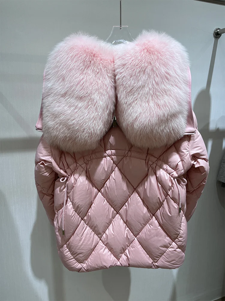 เสื้อแจ็คเก็ตขนห่านแท้สำหรับผู้หญิง ฤดูหนาวปี 2025  คอปกขนสุนัขจิ้งจอกแท้  แบบมีฮู้ด  หนา อุ่น  ทรงหลวม  หรูหรา