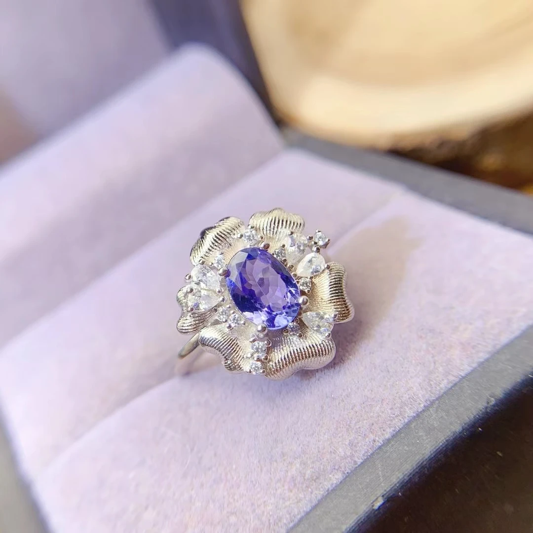 KJJEAXCMY Natural Tanzanite Ring S925 Sterling Silver Lustrous Elegant Simple High-End Birthday Jewelry Gift Support testing