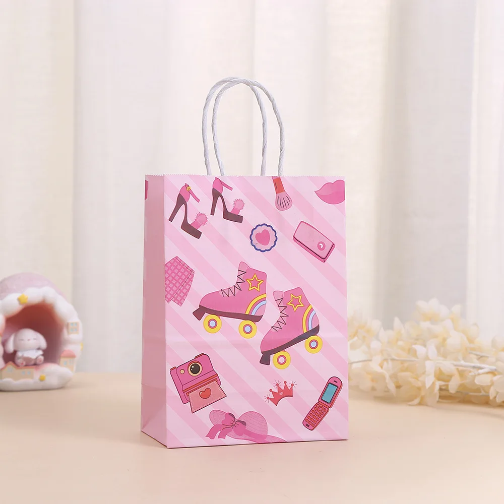 StoBag, borsa Tote in carta Kraft con confezione regalo per bambole rosa, per compleanno, imballaggio Snack caramelle, forniture decorative,