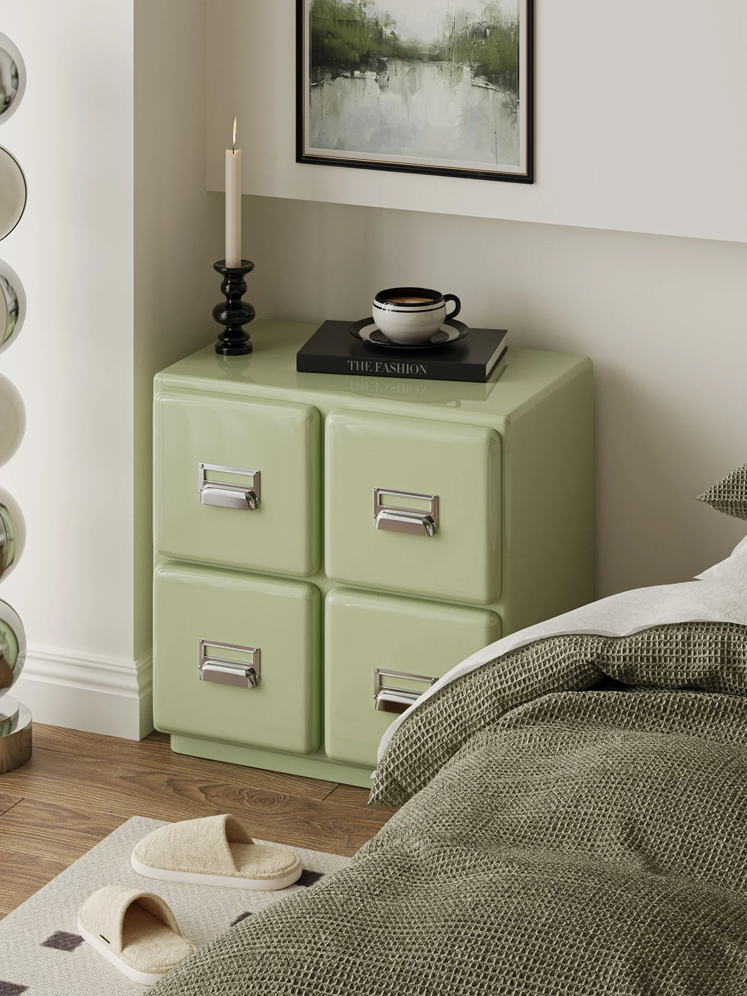 طاولة بجانب السرير باللون الأخضر الكريمي، خزانة جانبية صغيرة حديثة وبسيطة من الخشب الصلب #6
