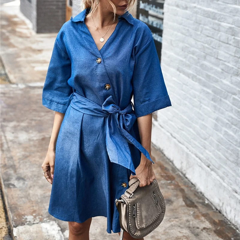 

Summer New Casual Denim Dresses Women Loose Bandage Button Turn Down Collar Half Sleeve Solid Color Streetwear Women Vestidos