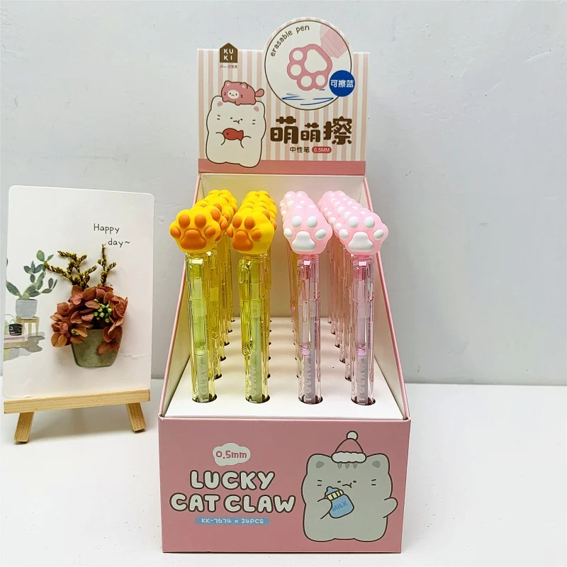 

24pcs/lot Kawaii Cat Paw Erasable Gel Pen Cute 0.5mm Blue Ink Signature Pens Promotional Gift Office School Supplies
