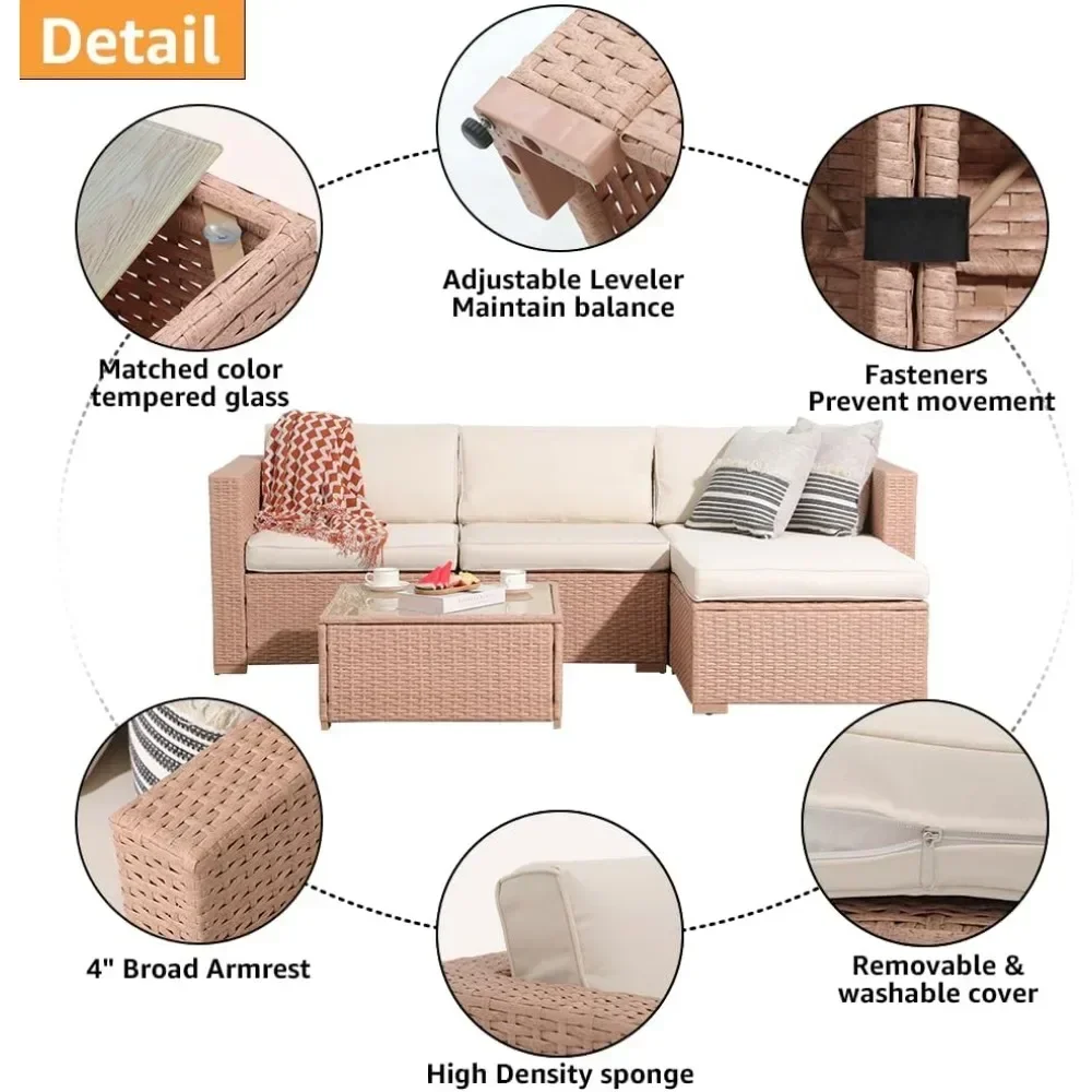 5 Piece Outdoor Patio Furniture Set, Creamy White PE Wicker with Cushy Seat Cushions, Ideal for Balcony, Garden, Patio