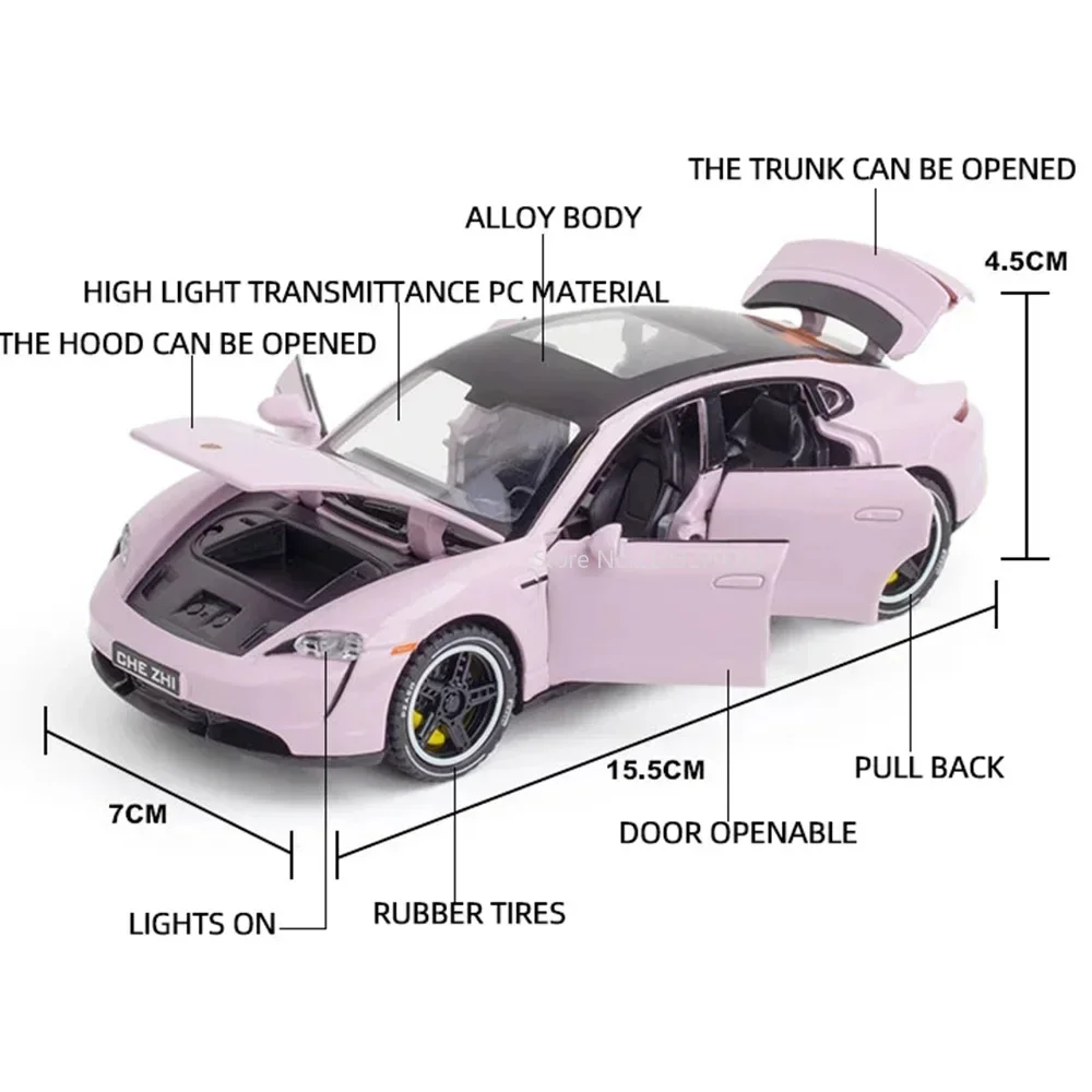 1:32 Porsche Taycan, coche deportivo de aleación, modelo de juguete, cuerpo de Metal fundido a presión, sonido, luz, vehículo en miniatura extraíble para chico, regalo de Navidad