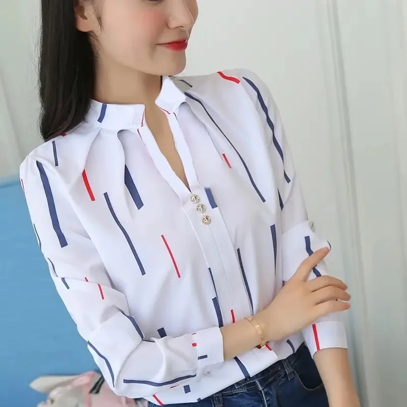Damskie białe topy bluzki modny nadruk w paski Casual z długim rękawem Office Lady OL koszule Slim Blusas DF4970