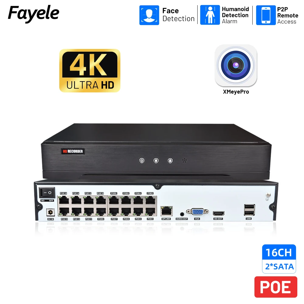 4K 8MP 16CH POE NVR Face Detection 2*SATA Ports for Surveillance Camera System 1000M Gigabit IP Network Video Recorder IVR XMeye