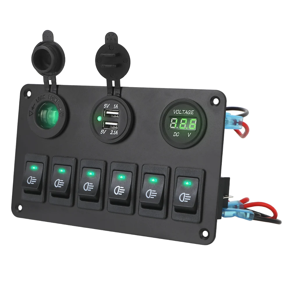 LED Digital Voltmeter Waterproof Dual USB Ports 6 Gang Rocker Switch Panel DC 12V/24V Car Marine Circuit Breaker ON/OFF Lights