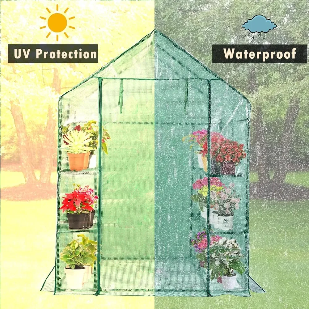 Greenhouse w/ Roll-Up Zipper Door -3 Tiers PE Greenhouse for Outdoor Gardening Plants Cold Frost Protection Wind Rain Proof