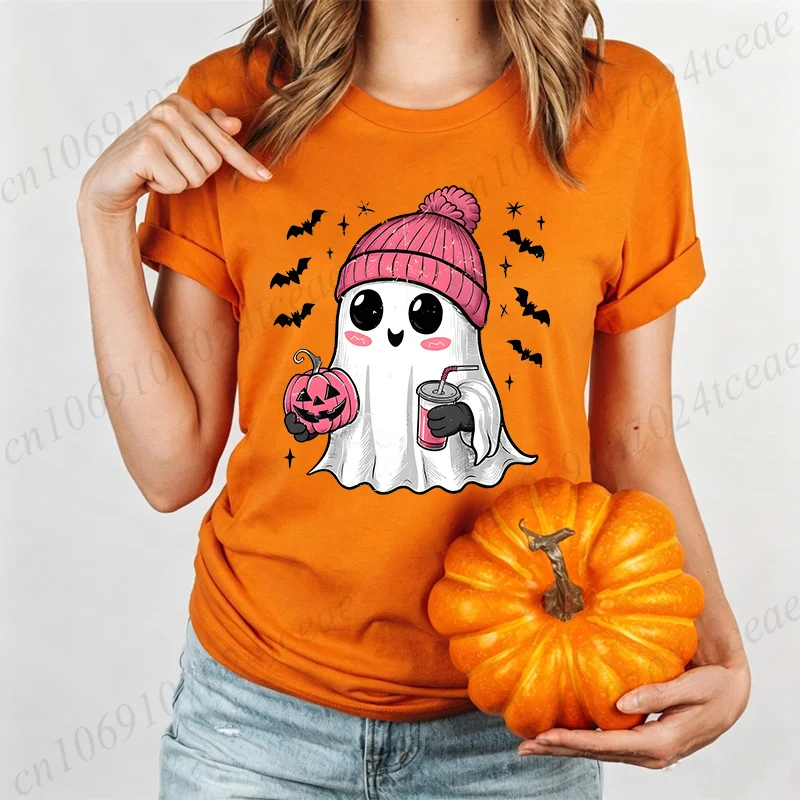 Damen Halloween T-Shirt mit Geister-, Kürbis- und Fledermaus-Motiv, Kurzarm, O-Ausschnitt, Lässiges Oberteil für eine fröhliche Halloween-Party, lockeres Sommer-Top – Detail 4