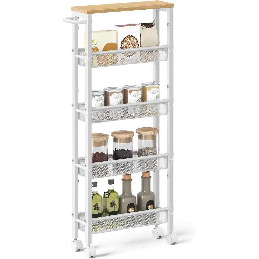 

Slim Rolling Cart, 5-Tier Storage Cart, Narrow Cart with Handle, 5.1 Inches Deep, Metal Frame, for Kitchen, Dining Room