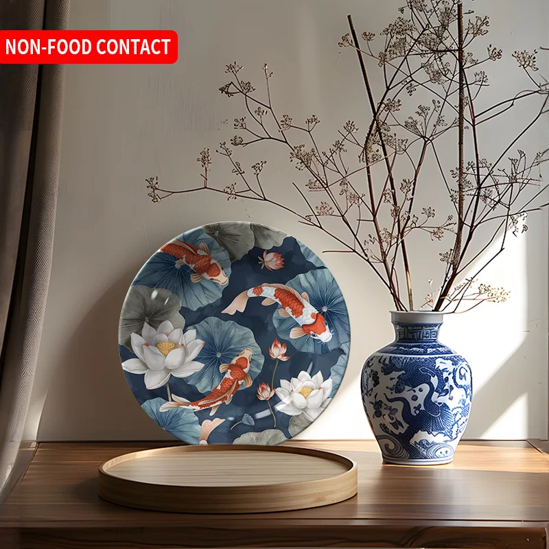 1pc Hand-Painted Koi Fish Ceramic Decorative Plate - Non-Food Contact Artistic Home Decor for Living Room, Bedroom, Entryway -