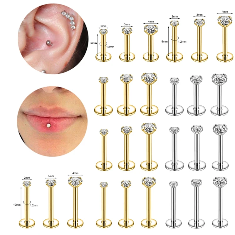 Boucle d'Oreille en Acier Inoxydable 16G, Clou Jules 2/3/4mm CZ, Clip Helix Cartilage Tragus, Piercing Cartilage, 10 Pièces