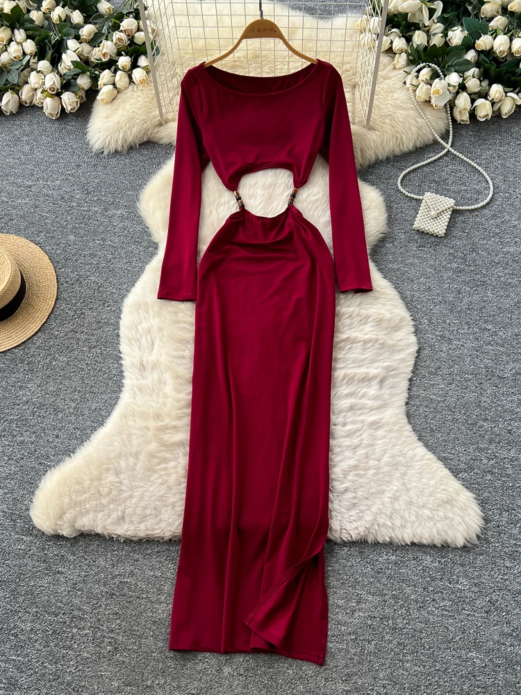 フォームリナ セクシー ビーズ カットアウト スリム マキシドレス レディース ファッション 秋冬 無地 Oネック 長袖 ボディコン イブニング パーティー ガウン