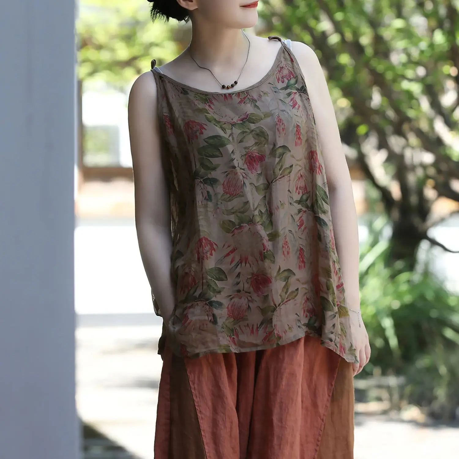 

LZJN New Summer Retro Literary Ramie Floral Print Camisole, Ethnic Style Women's Comfortable Breathable Sleeveless Loose Top