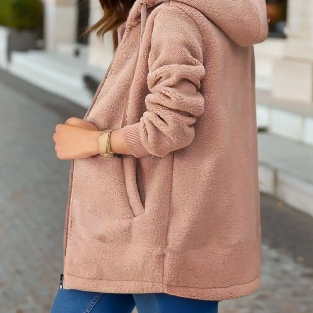 Womens Winter Thick Fleece Zip Up Hoodie Embroidery Letter Sweatshirt Casual Long Sleeve Warm Loose Outerwear Top