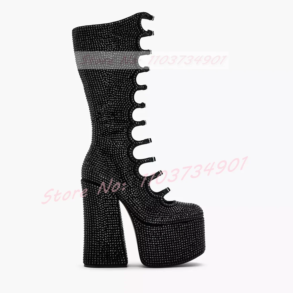 Studded Crystals Platform Buckle Strap Boots Hot Girls Fashion Block High Heels Knee Length Boots Women Party Lolita Punk Shoes