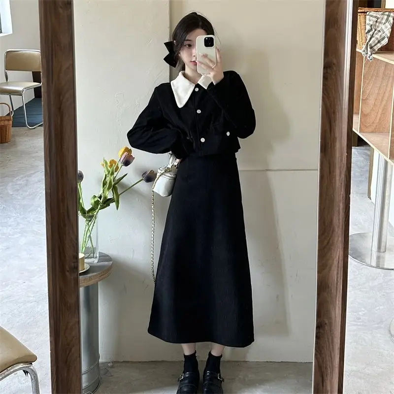 Women Autumn Winter Fashion Solid Color Peter Pan Collar Long Sleeve Coat Ladies Simplicity Appear Thin Skirt Corduroy Suit