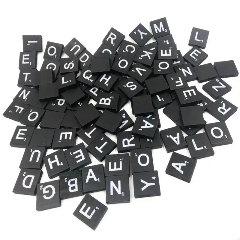 100pcsウッドアルファベット文字パズルブロックブラックタイルのためのグリップのためのグリップのためのティーチングエイドキッズアクティビティパズルゲームP31b