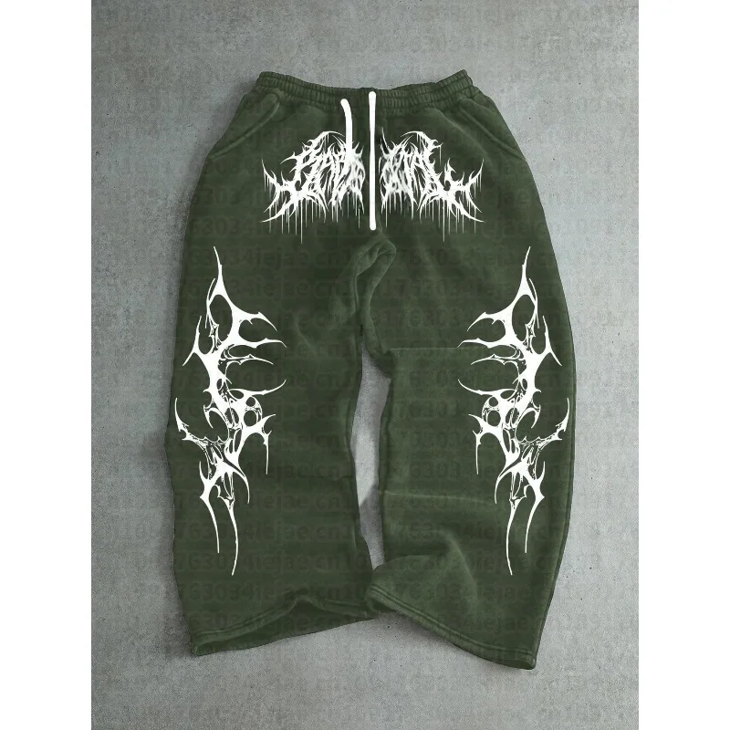 Men Kid Gothic Vertical Graphic Wide Leg Sweatpants Drawstring Loose Straight Baggy Y2K Dark Punk Streetwear Pants.