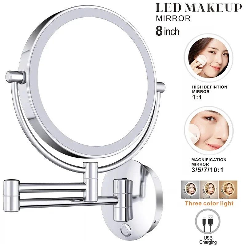 2025New 8 Inch Makeup Mirror Chrome 10x Magnifying Double Side USB Charging Bathroom 3 Color Light Smart Cosmetic Mirrors Makeup