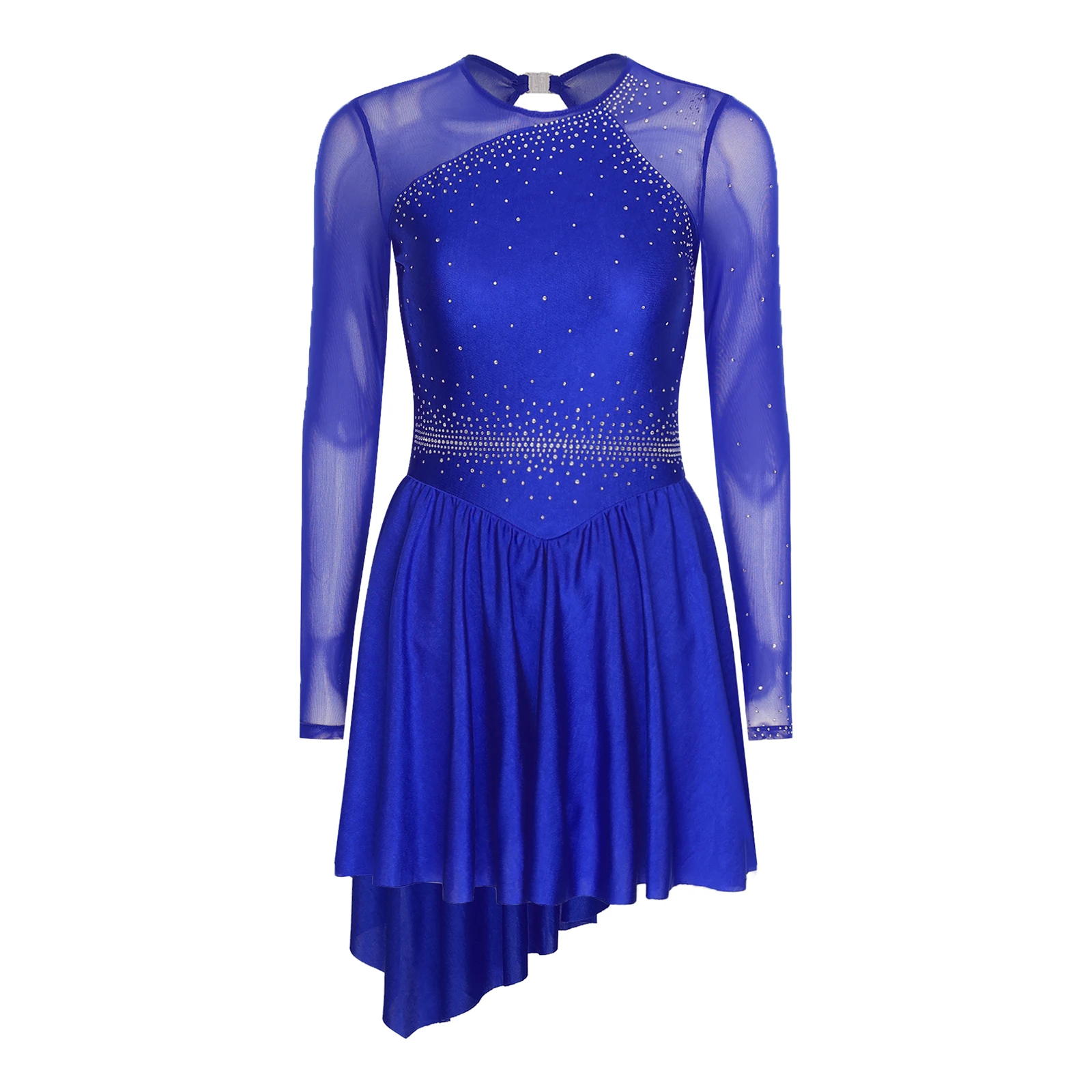 ชุดเต้นรำลีริคอลสำหรับผู้หญิง ผ้าตาข่ายโปร่ง แขนยาว ประดับด้วยกลิตเตอร์และคริสตัล ชายกระโปรงไม่สมมาตร เหมาะสำหรับการแสดงฟิกเกอร์สเก็ต