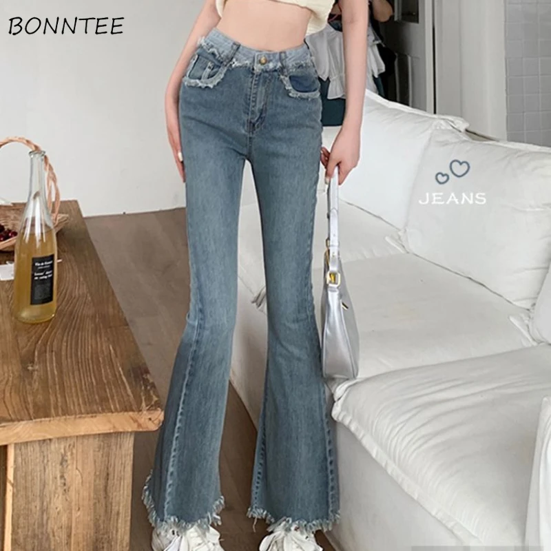 

Jeans Women Solid Fur-lined Design Unique Streetwear All-match High Waist Korean Fashion Spring Flare Trousers Ins Casual Chic