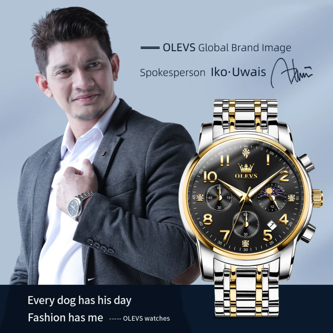 OLEVS-Montre-bracelet à quartz en acier inoxydable, bracelet de montre à cadran rond, phase de lune Shoous, petite seconde, cadeau de mode, 3628