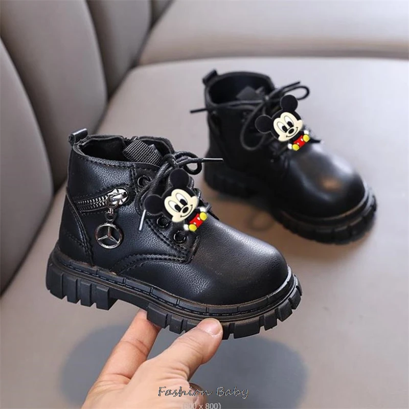 Mickey Minnie Children\'s Fashion Boots for Boys Short Boots New Girls Leather Ankle Boots Kids Yellow Black Fashion Sneakers